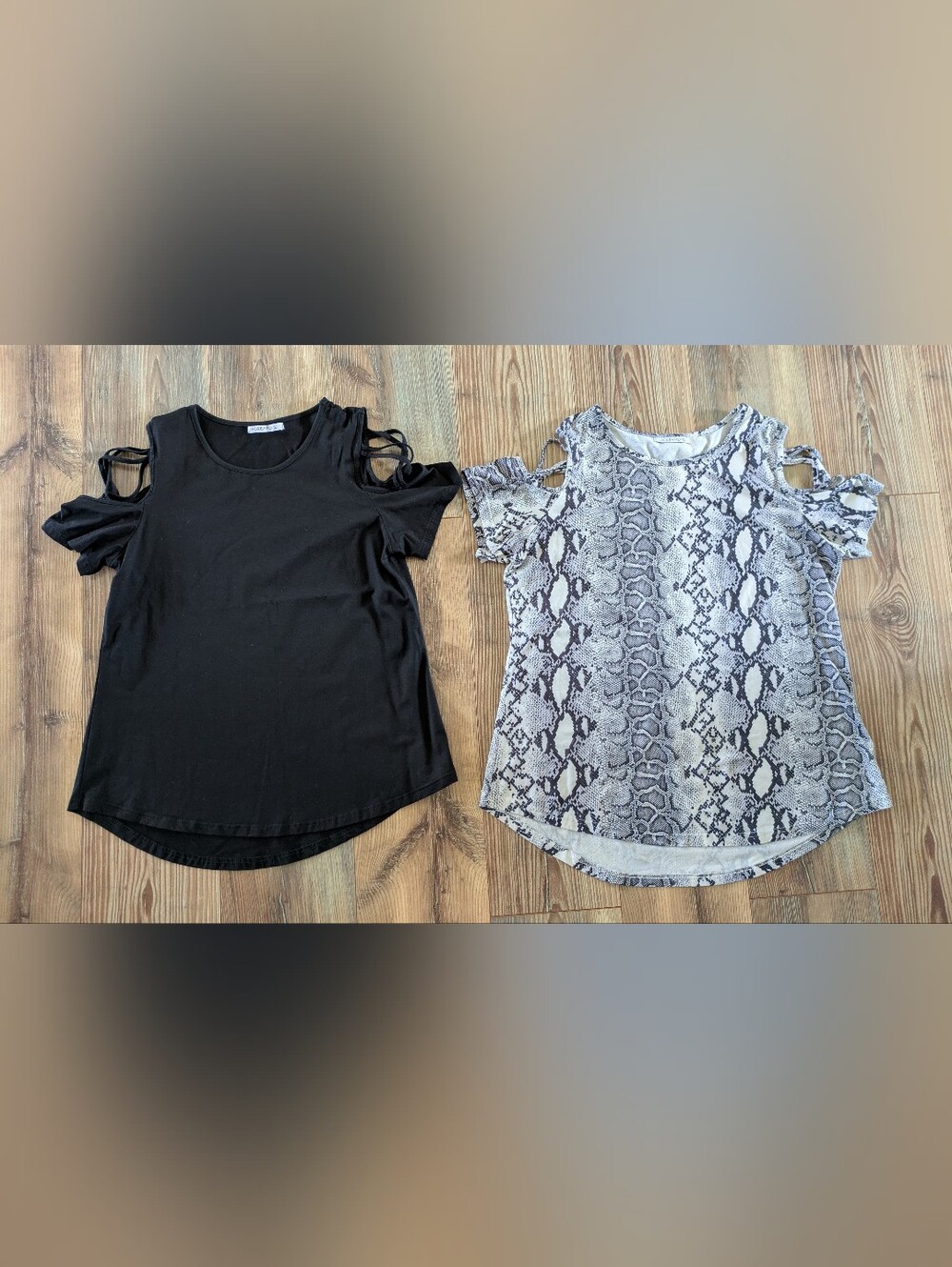 ADREAMLY Bundle of 2 Cold Shoulder Short Sleeve Tops Snake Print & Black Large